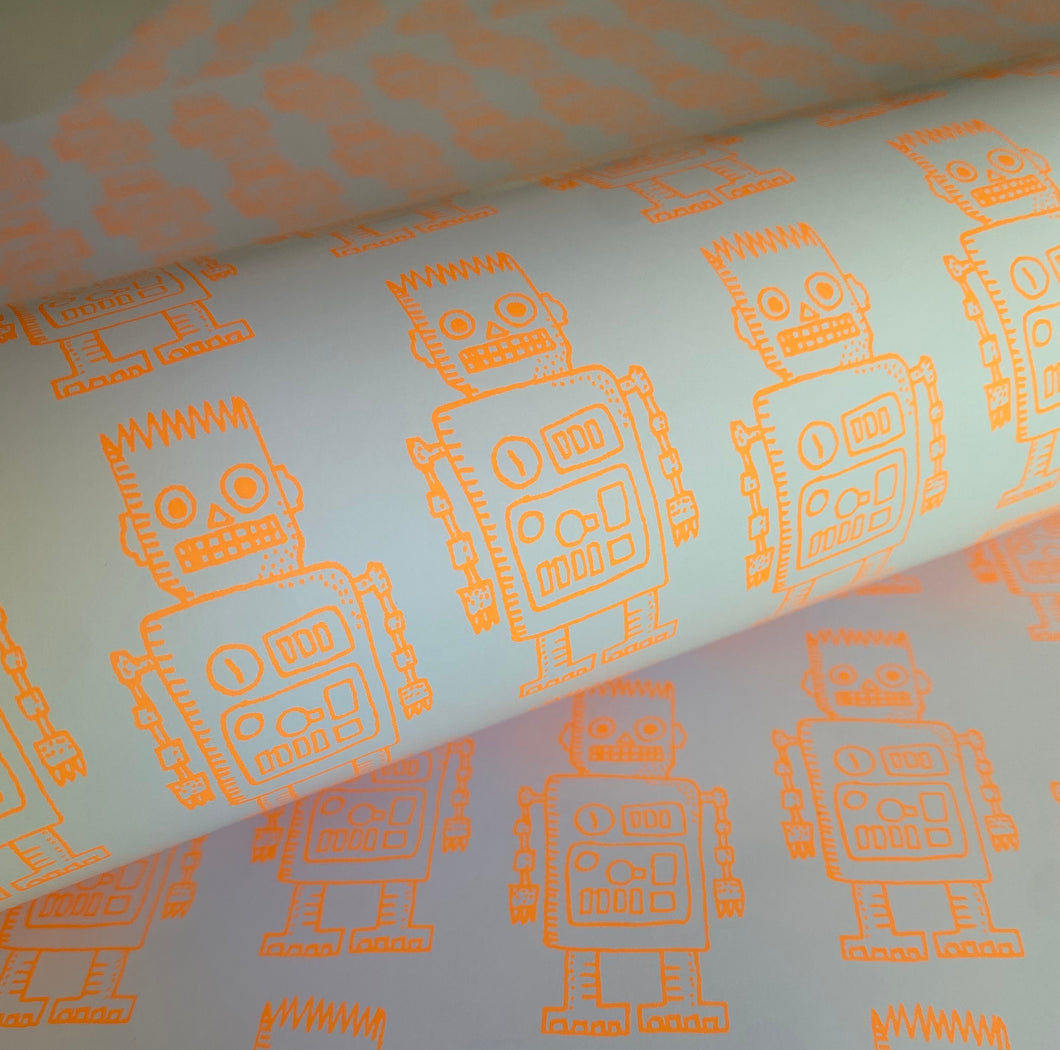 Robot wrapping paper in neon orange